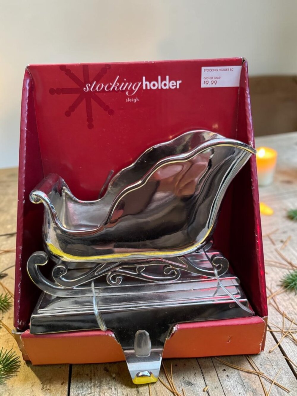 Silver Sleigh Stocking Holder For Mantel Holiday Decor Weighted Base